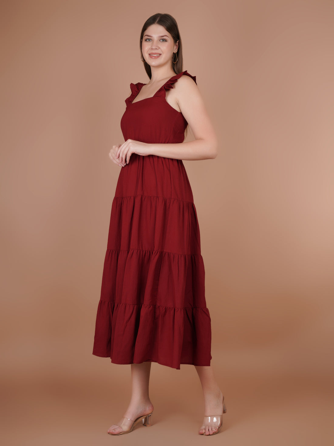 Red Win Ruffle Sleeve Maxi Dress – Elegant Textured Poly Crepe Dress for Women