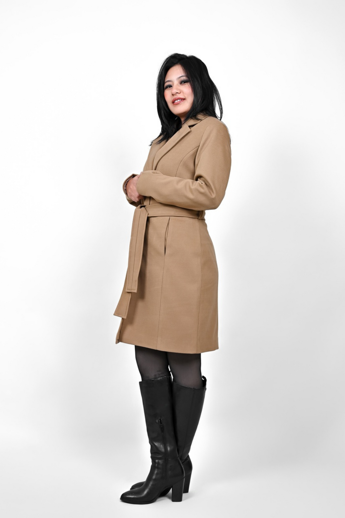 Women Khaki Solid Polyester Long Sleeves Longline Coat