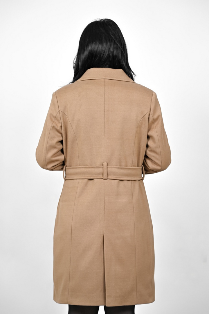 Women Khaki Solid Polyester Long Sleeves Longline Coat