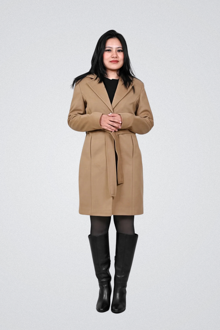 Women Khaki Solid Polyester Long Sleeves Longline Coat