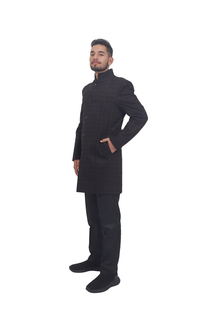 Vintage Check Bandhgala Coat for Men, Slim Fit Winter Wear Long Coat